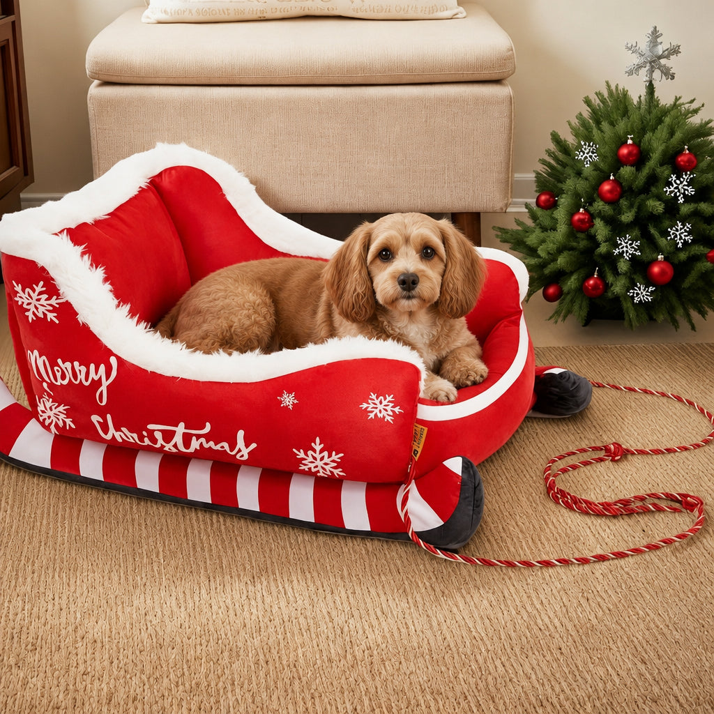 Holiday Christmas Plush Sled Dog Bed Red-1