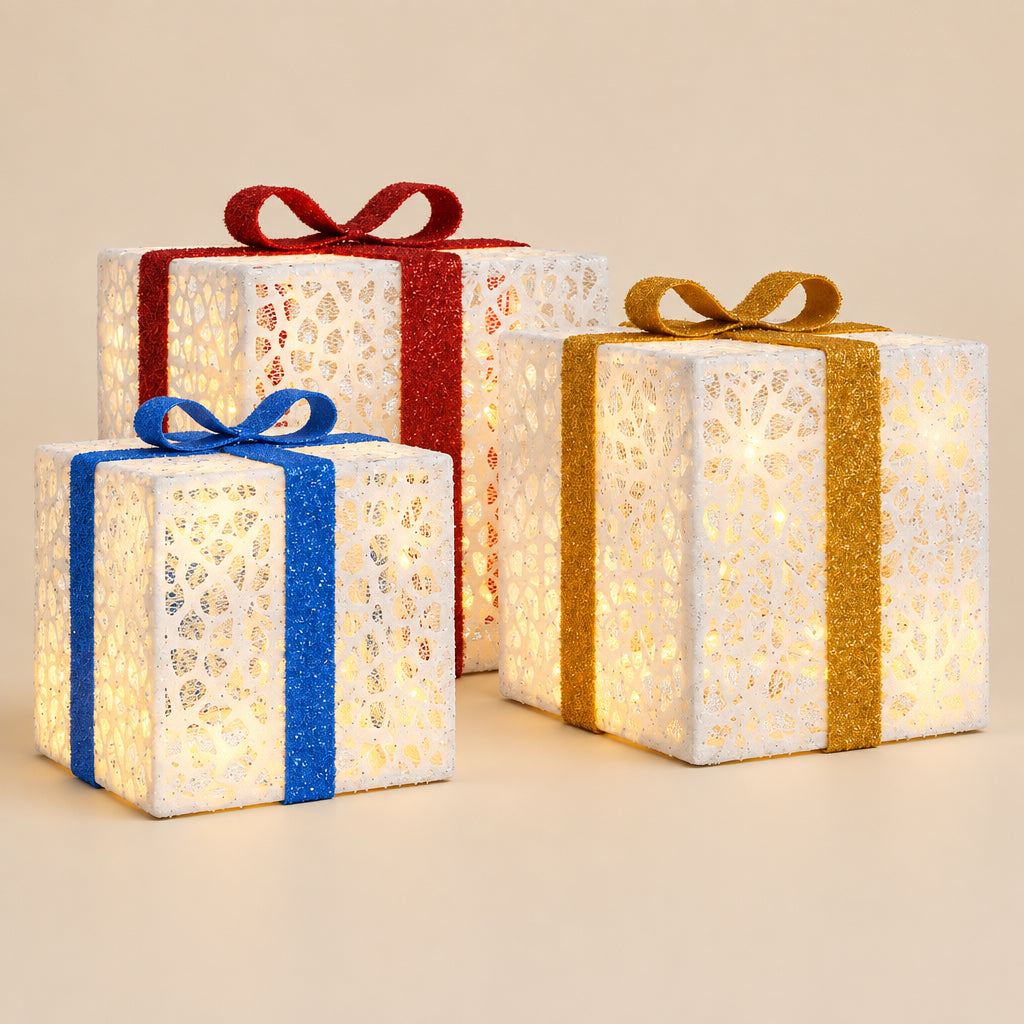 NNEVL Lighted Christmas Boxes 3 pcs 64 LEDs Warm White-1