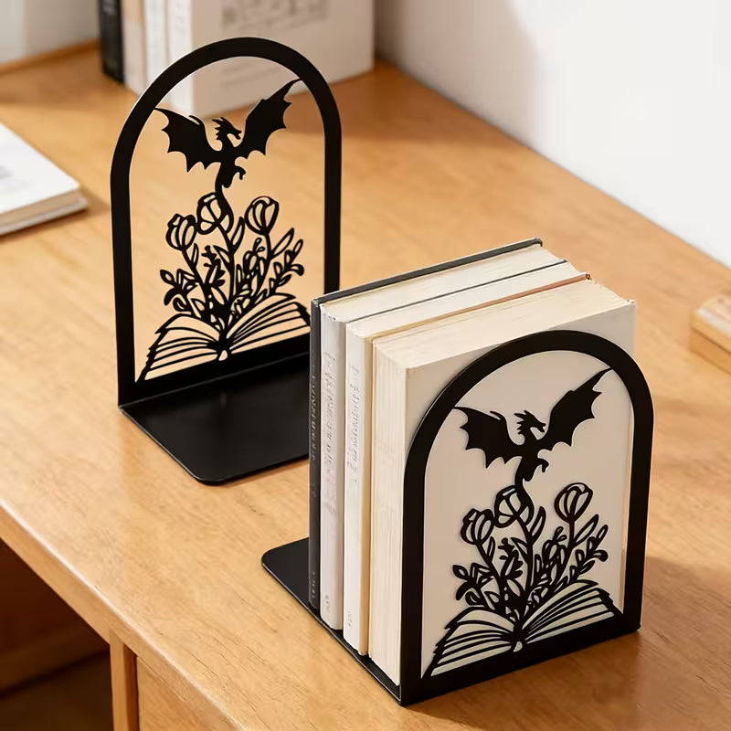 Bookend | Dragon and Rose Metal Bookends | Black