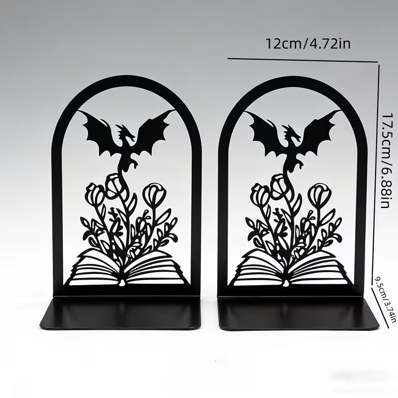 Bookend | Dragon and Rose Metal Bookends | Black