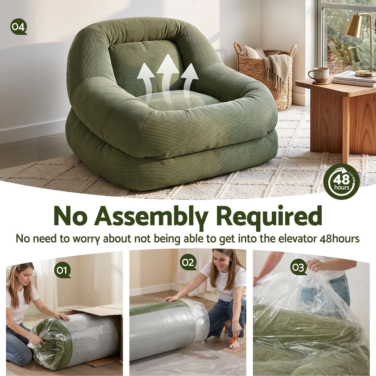 Seating | Artiss Armchair Cloud Floor Lounge Corduroy | Green