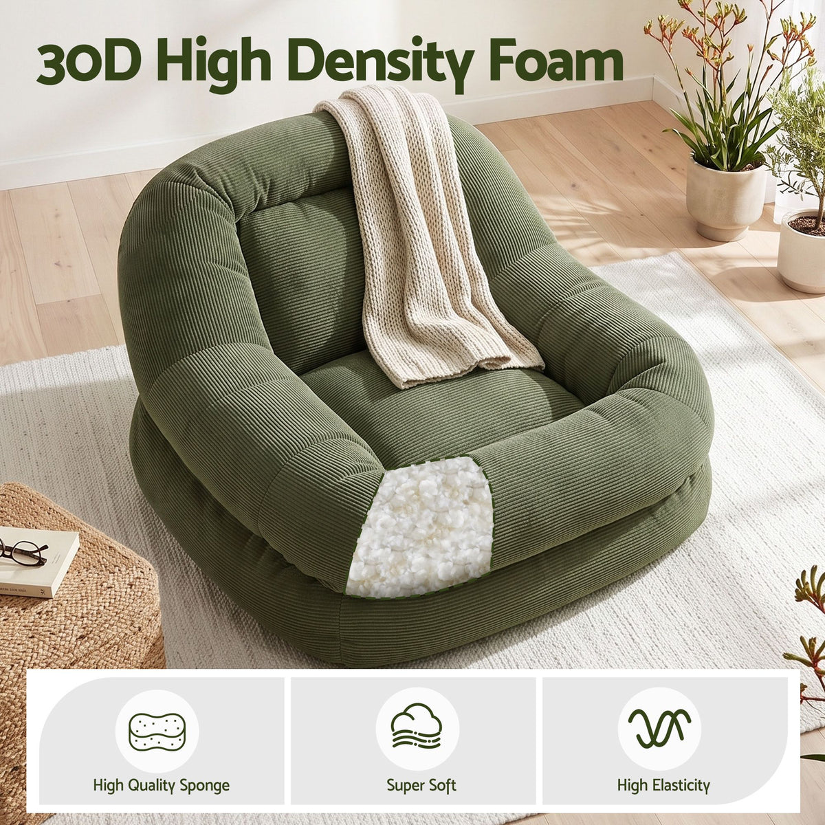 Seating | Artiss Armchair Cloud Floor Lounge Corduroy | Green