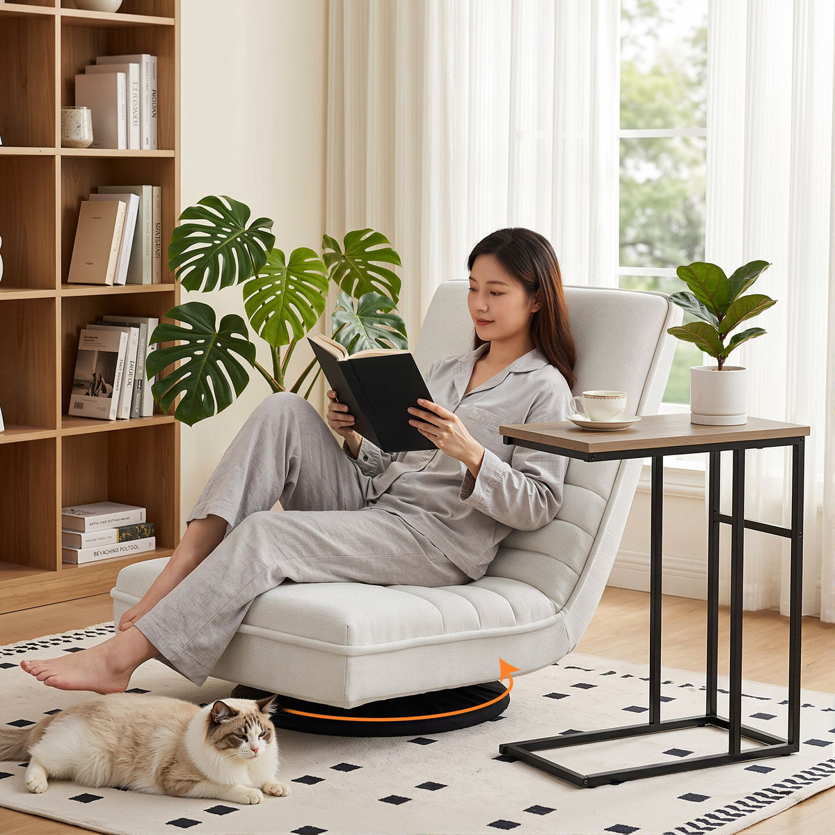 Seating | Artiss Floor Swivel Lounge & Side Table Set | White and Walnut