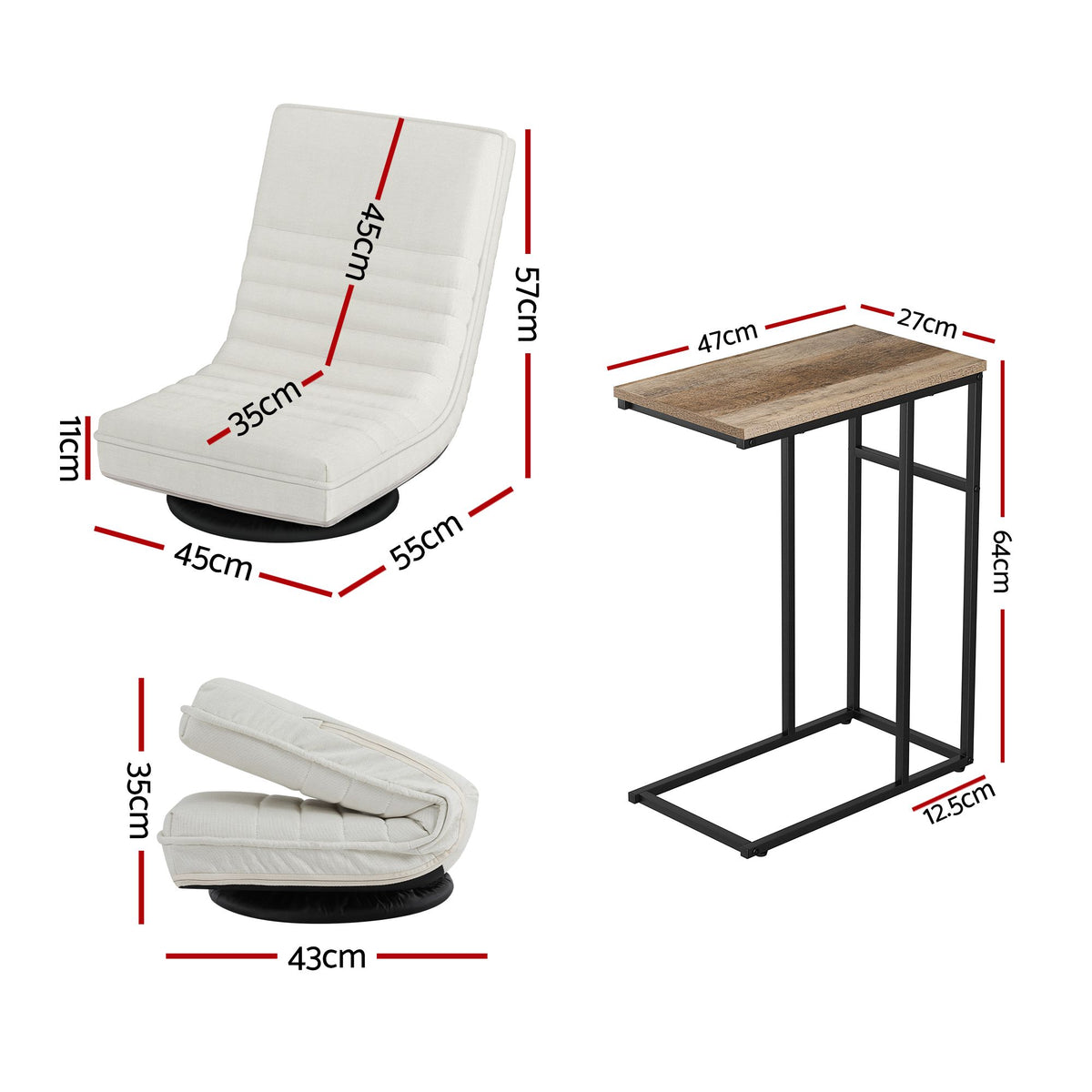 Seating | Artiss Floor Swivel Lounge & Side Table Set | White and Walnut