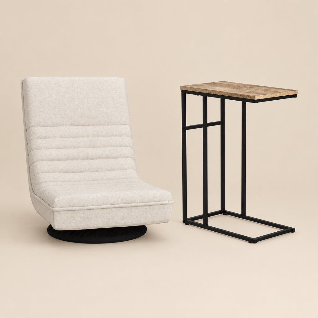 Seating | Artiss Floor Swivel Lounge & Side Table Set | White and Walnut