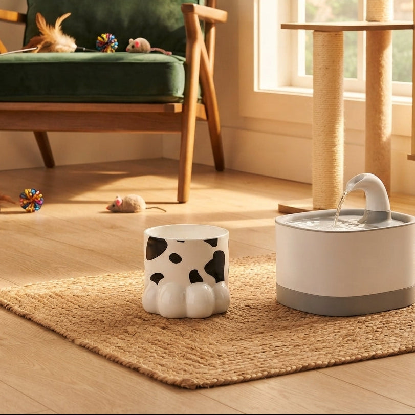 A modern pet water fountain and bowl set placed on a woven rug in a sunlit room with a wooden chair, cat tree, and toys nearby.