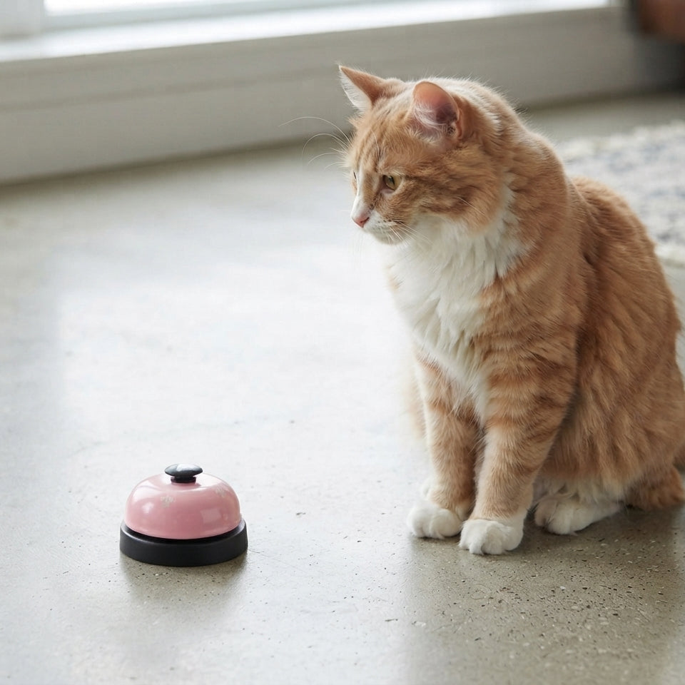 An orange and white cat sits on a light gray floor looking at a small pink and black bell on the floor.