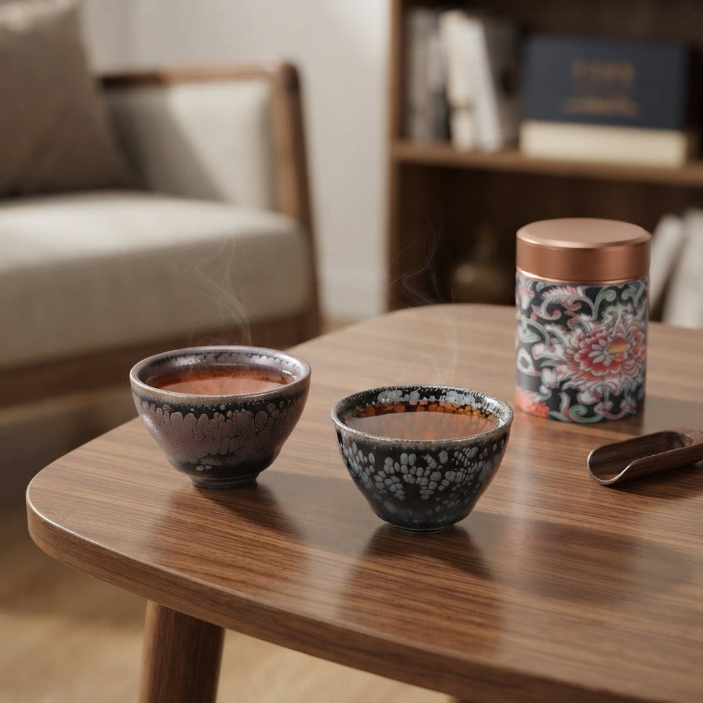 Two ceramic tea bowls filled with tea on a wooden table, alongside a patterned tea tin and a scoop, in a softly blurred living room setting.