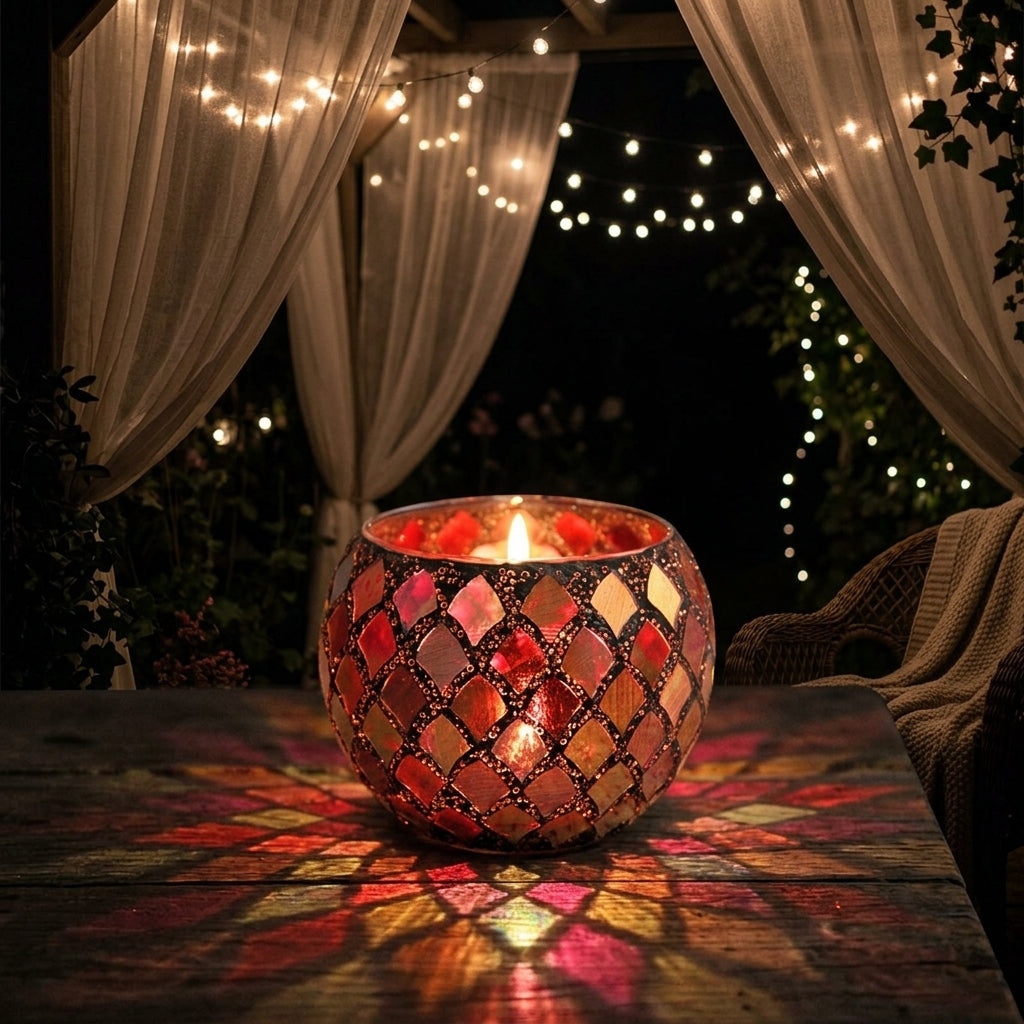 Candle Holder | Mosaic Glass Candle Holder Bowl | Red