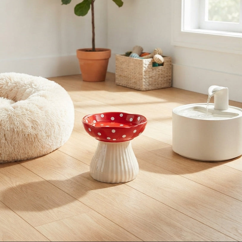 Pet Bowl | Pet Elevated Ceramic Mushroom Bowl | Red and White