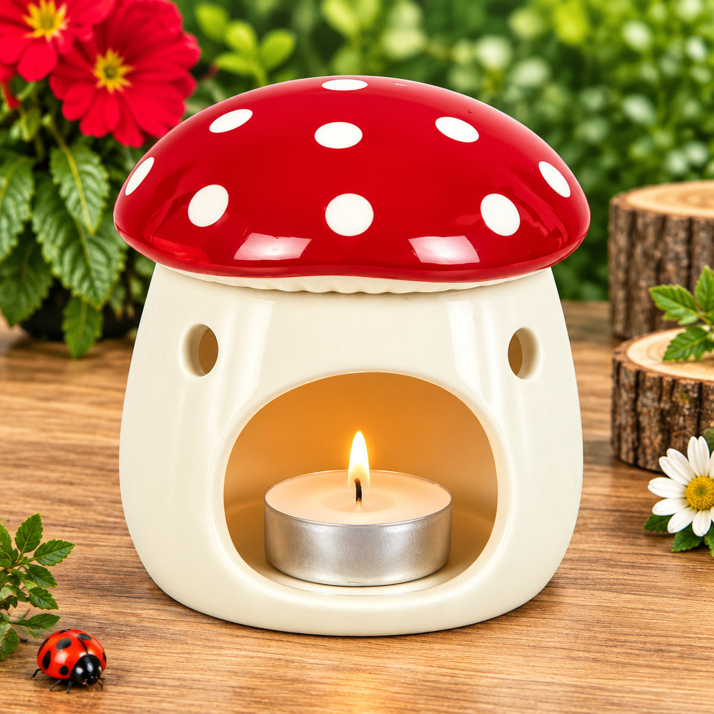 Mushroom-shaped candle holder with a lit tealight on a wooden surface with flowers in the background.