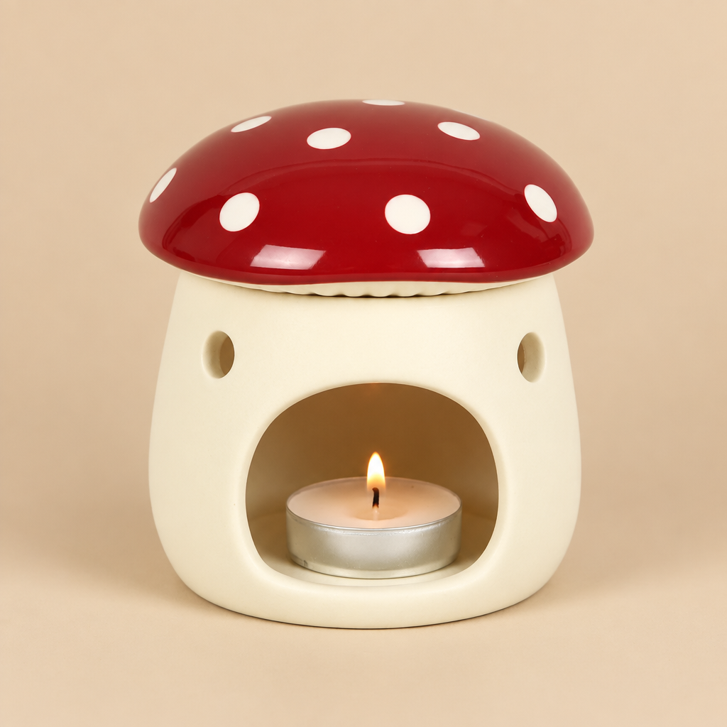 A mushroom-shaped ceramic candle holder with a glossy red cap with white polka dots and a cream-colored body, featuring a lit tealight candle inside.