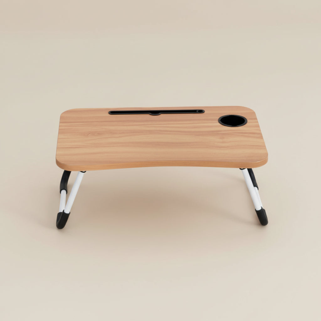 Wooden folding table with white legs on a white background
