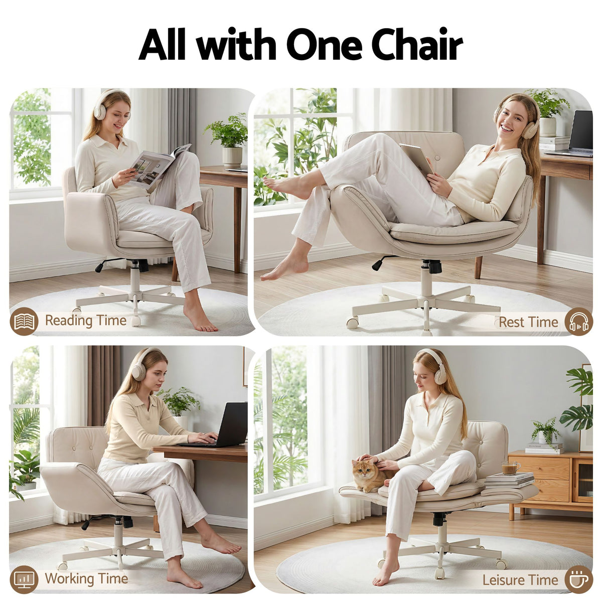 Seating | Artiss Study Swivel Chair Adjustable Armrests PU Leather | Beige