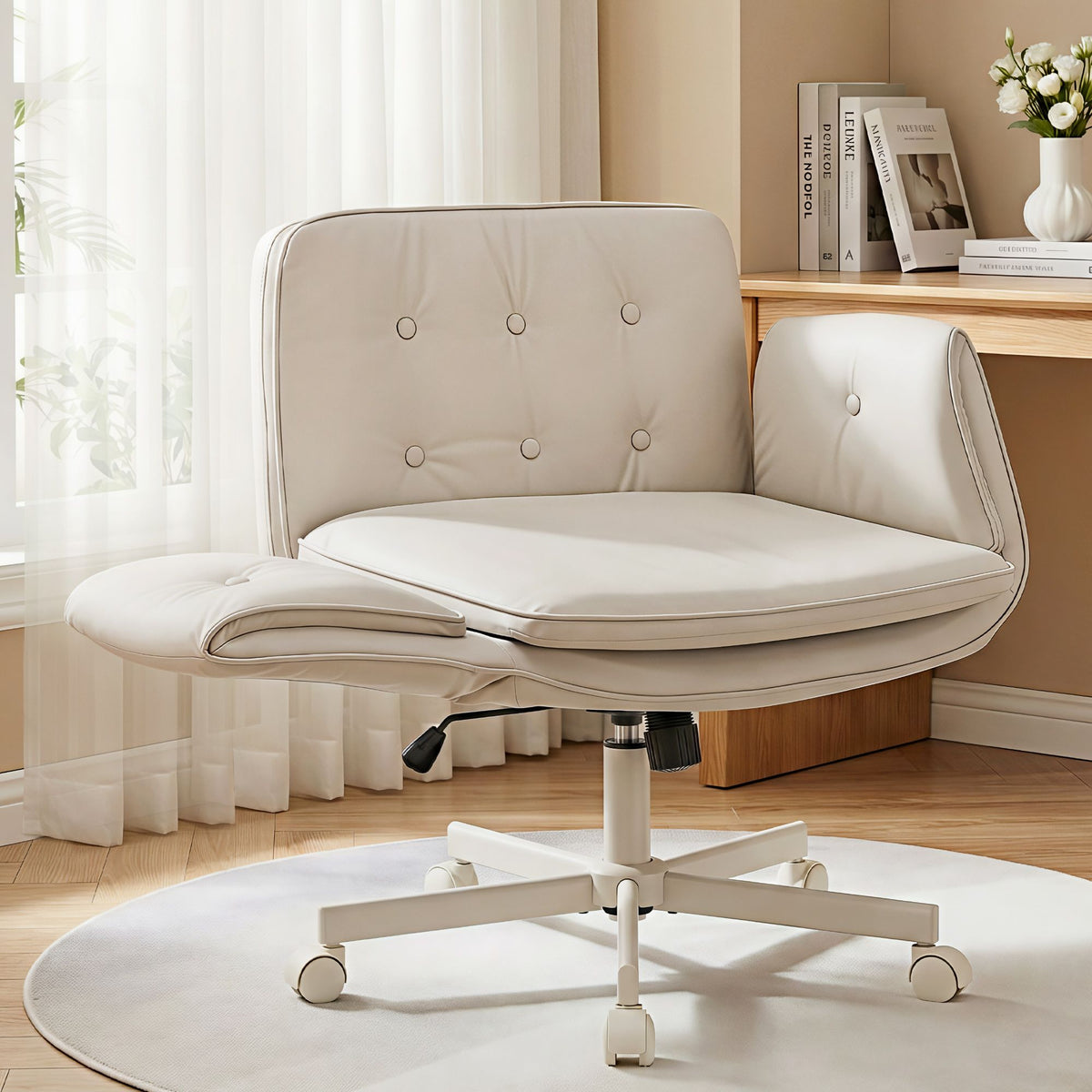Seating | Artiss Study Swivel Chair Adjustable Armrests PU Leather | Beige