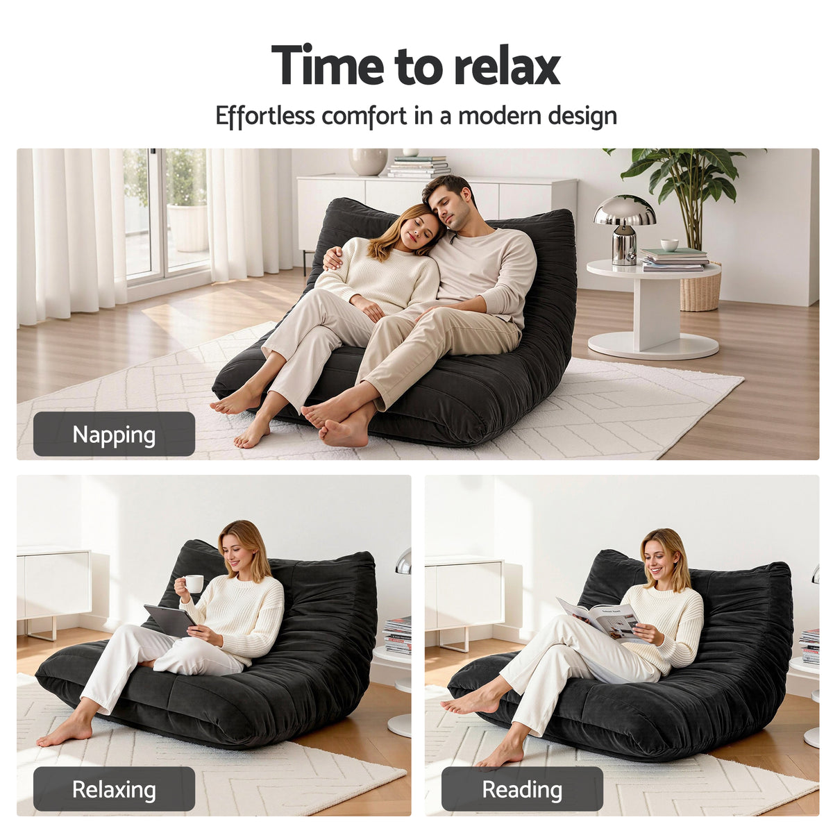Seating | 2-Seater | Accent Chair | Lazy Sofa | Floor Couch | Black