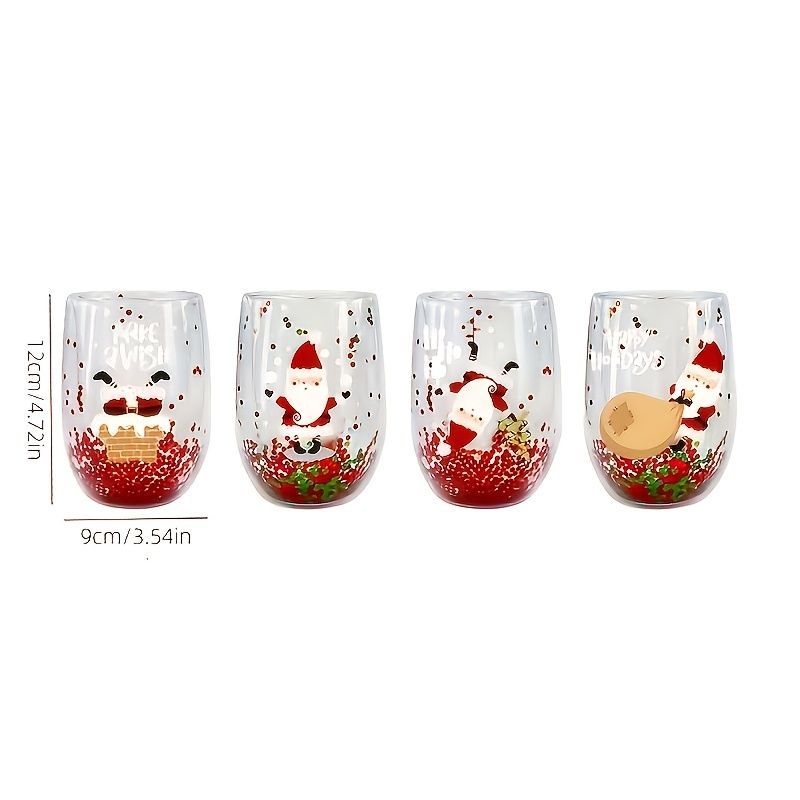 Four clear stemless wine glasses with red glitter-like bottoms and Christmas illustrations including Santa Claus and snowman motifs, shown on a white background with size markings of 12cm height and 9cm width.