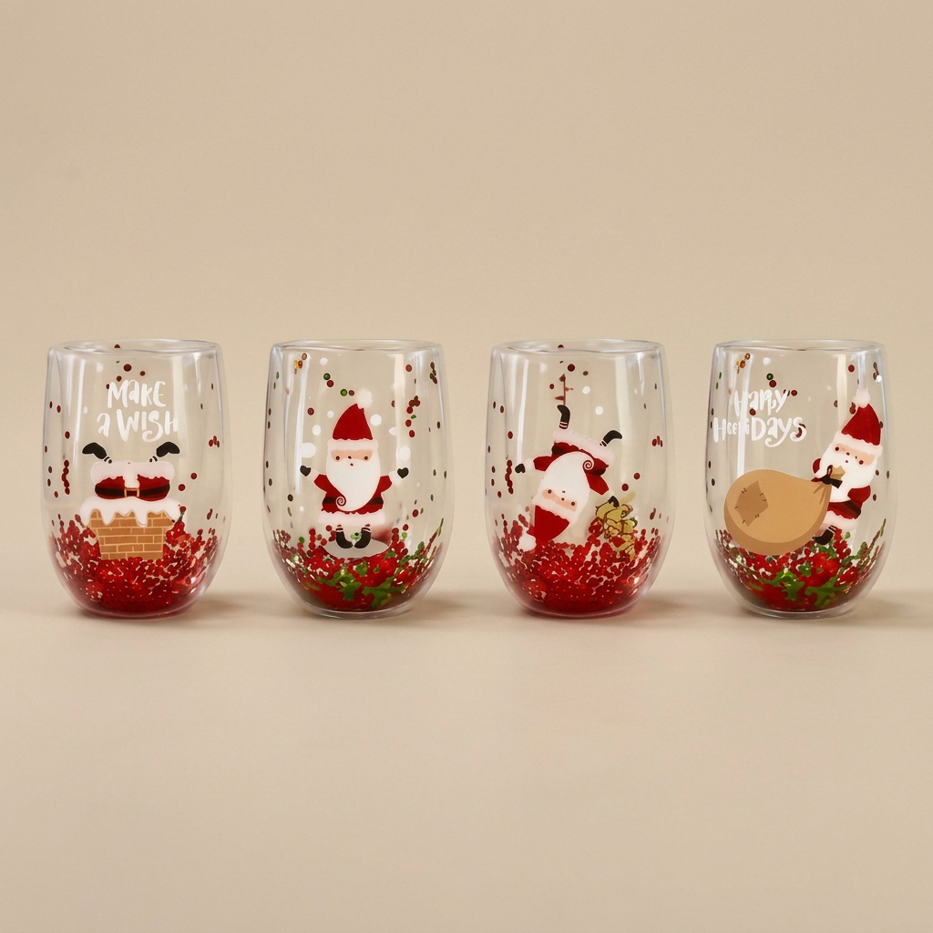 Christmas Décor | 4 Piece Double Walled Glass Set | Christmas Patterns