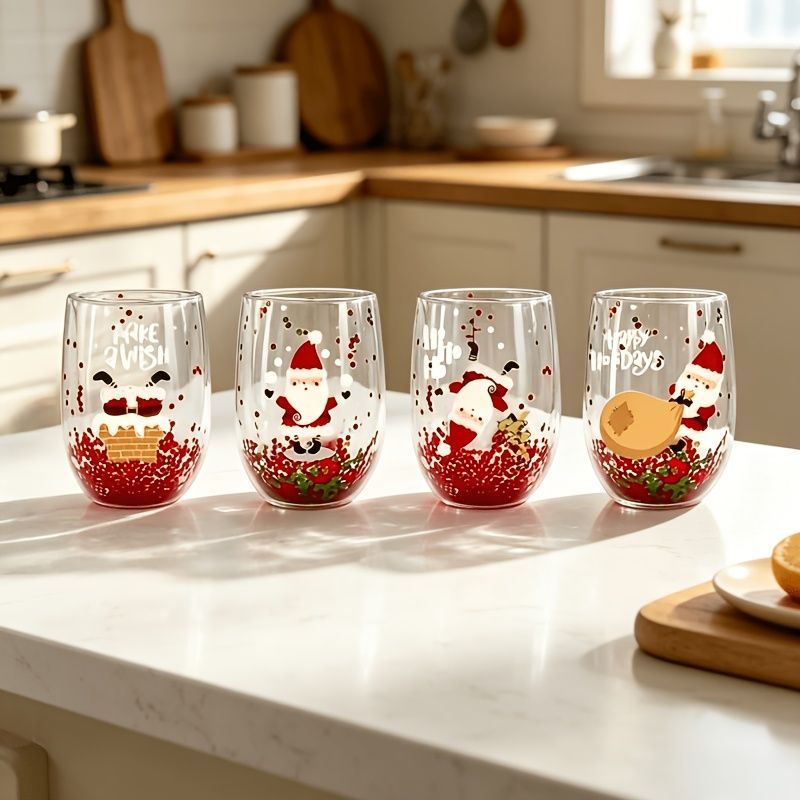 Christmas Décor | 4 Piece Double Walled Glass Set | Christmas Patterns