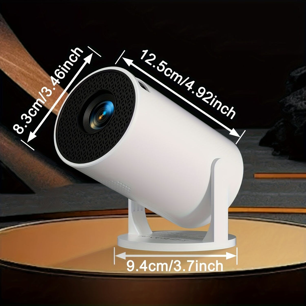 White security camera with dimensions labeled on a dark background