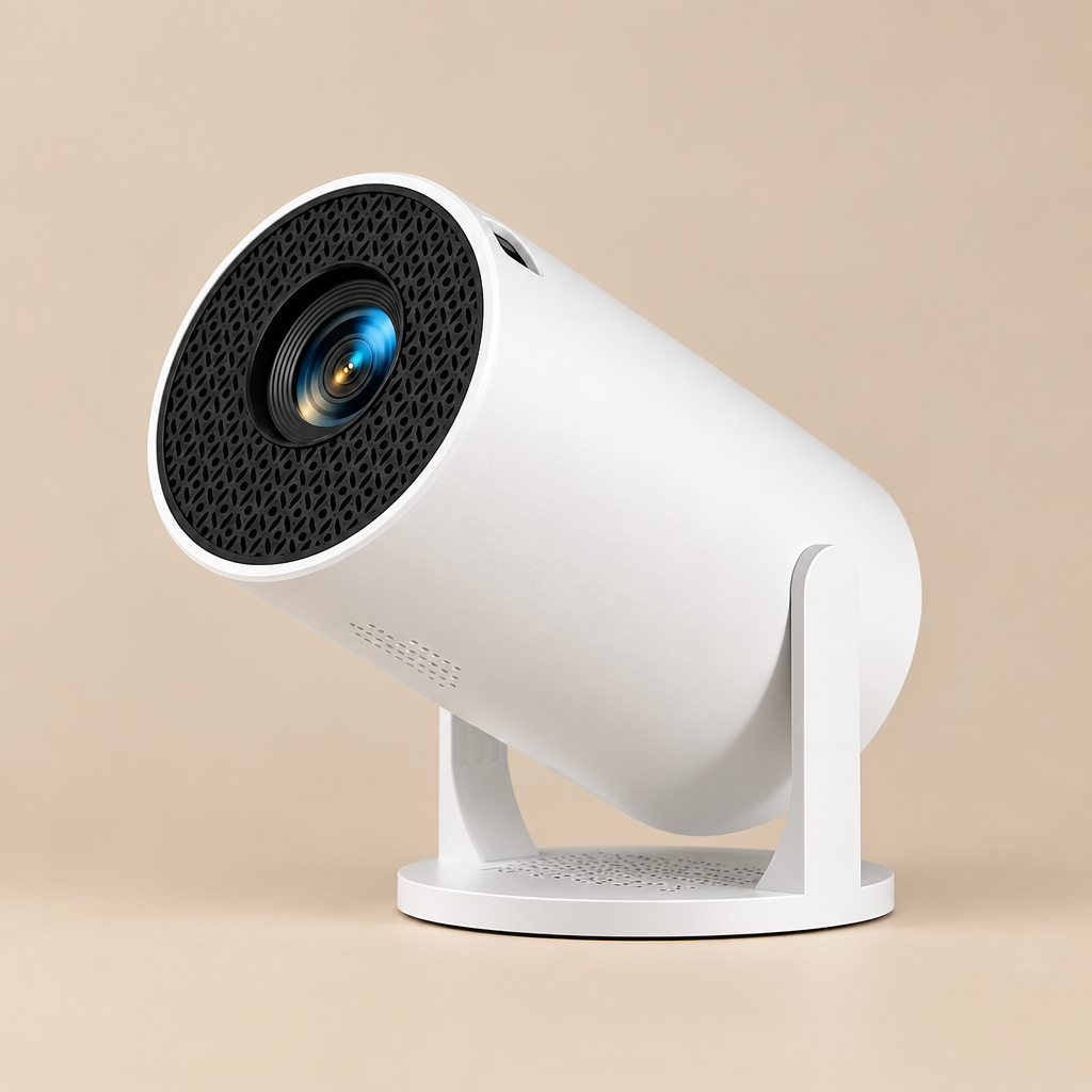 A modern white cylindrical projector on a matching white stand, shown at an angle against a solid beige background.