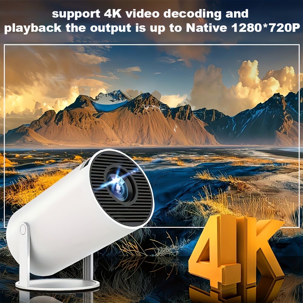 Projector with 4K text in front of a scenic mountain landscape