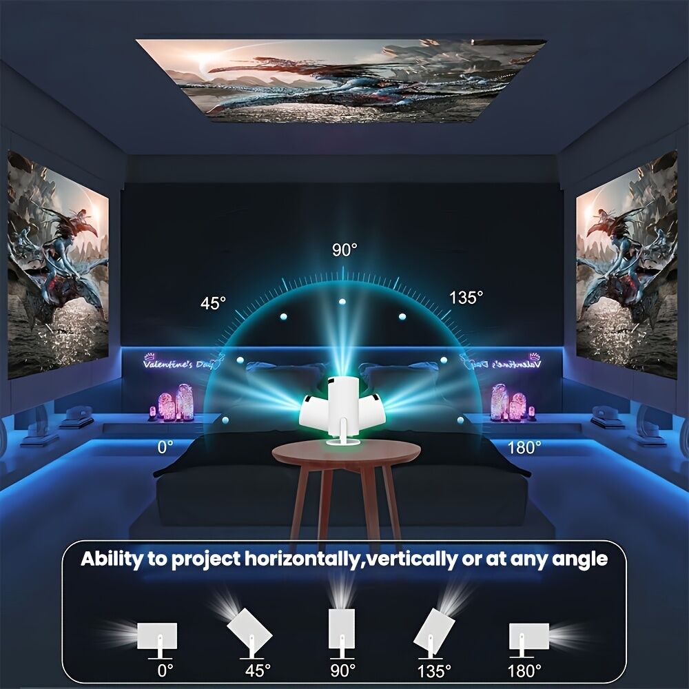 Home theater setup with a projector and screen displaying a movie scene, surrounded by speakers.