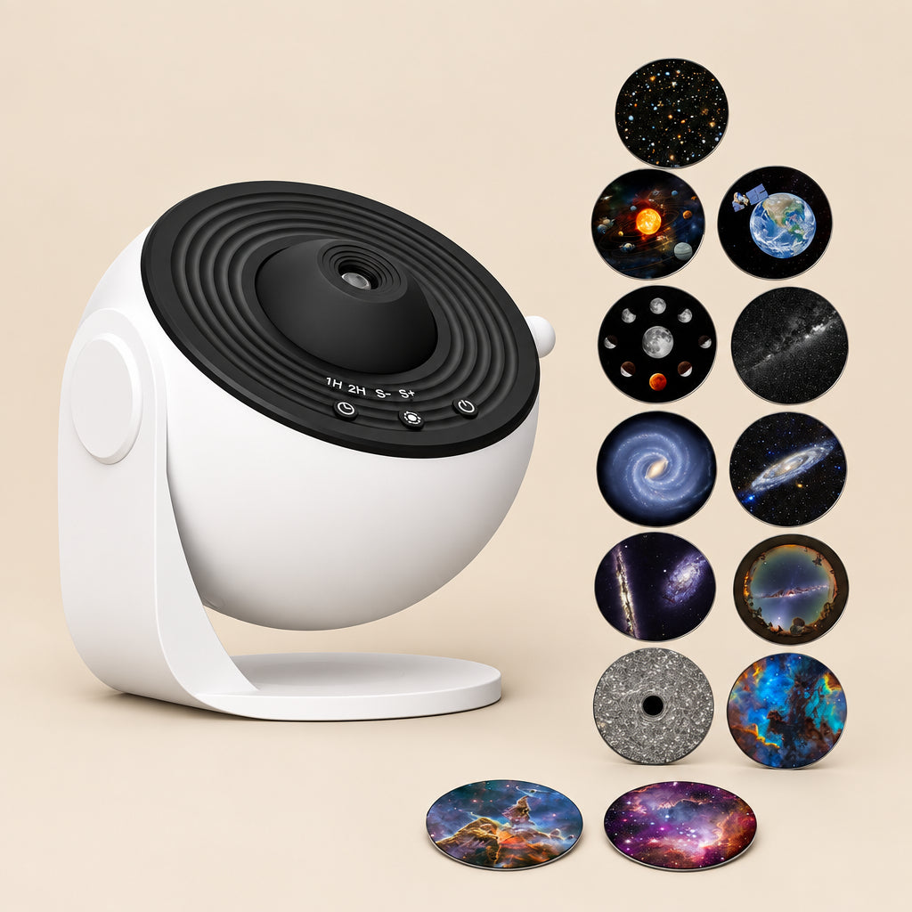 Planetarium projector with various star pattern discs on a white background