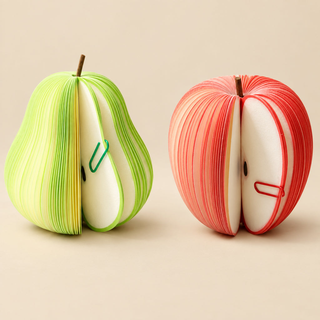 Two notebook designs shaped like a pear and an apple on a white background