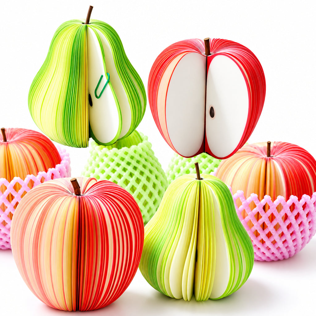 Colorful paper fruit-shaped notepads on a white background