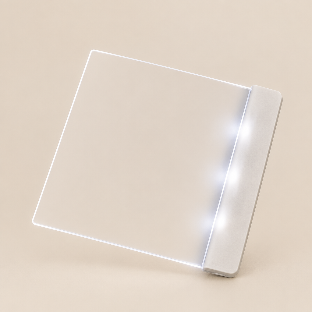 A square, transparent acrylic or glass desk mat with rounded corners and a white side edge, shown on a warm beige background with a soft white glow around its edges.