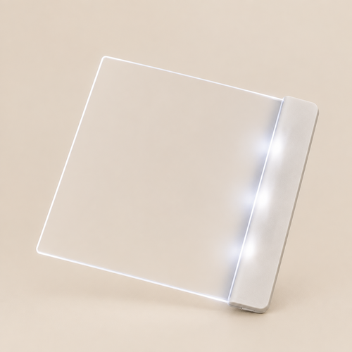 A square, transparent acrylic or glass desk mat with rounded corners and a white side edge, shown on a warm beige background with a soft white glow around its edges.