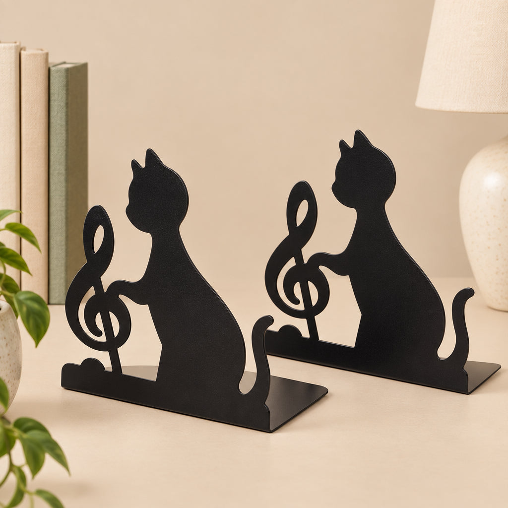 Bookend | Set of 2 Cat Music Note Black Metal Bookends | Black
