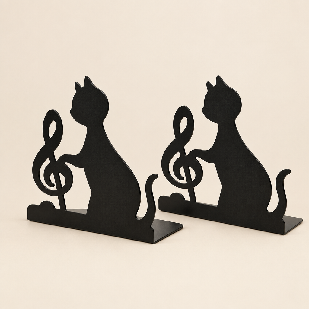 Black cat-shaped bookends with musical notes on a white background