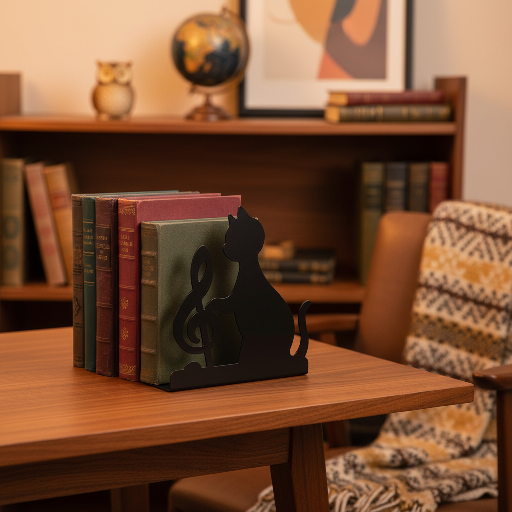 Bookend | Set of 2 Cat Music Note Black Metal Bookends | Black