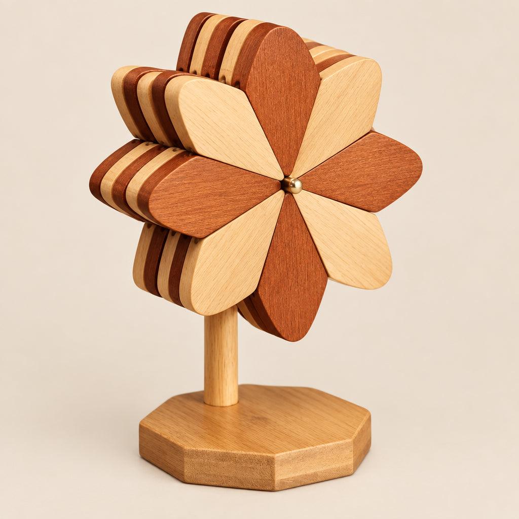 Coasters | Set of 5 Flower Wooden Coasters with Stand | Brown and Natural Bamboo
