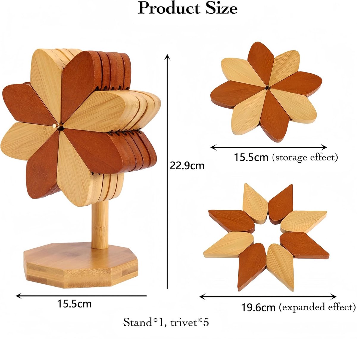Coasters | Set of 5 Flower Wooden Coasters with Stand | Brown and Natural Bamboo