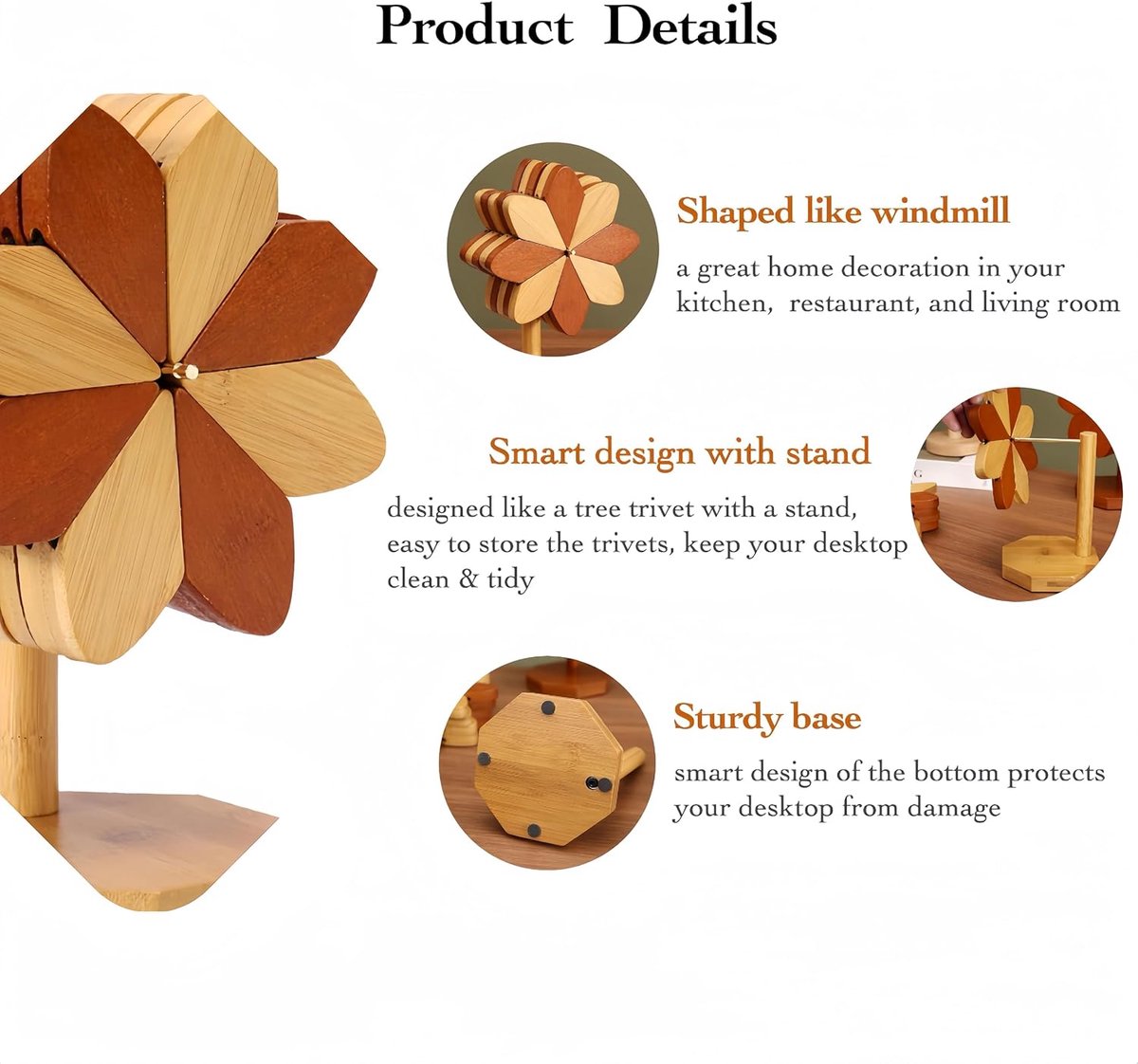 Coasters | Set of 5 Flower Wooden Coasters with Stand | Brown and Natural Bamboo