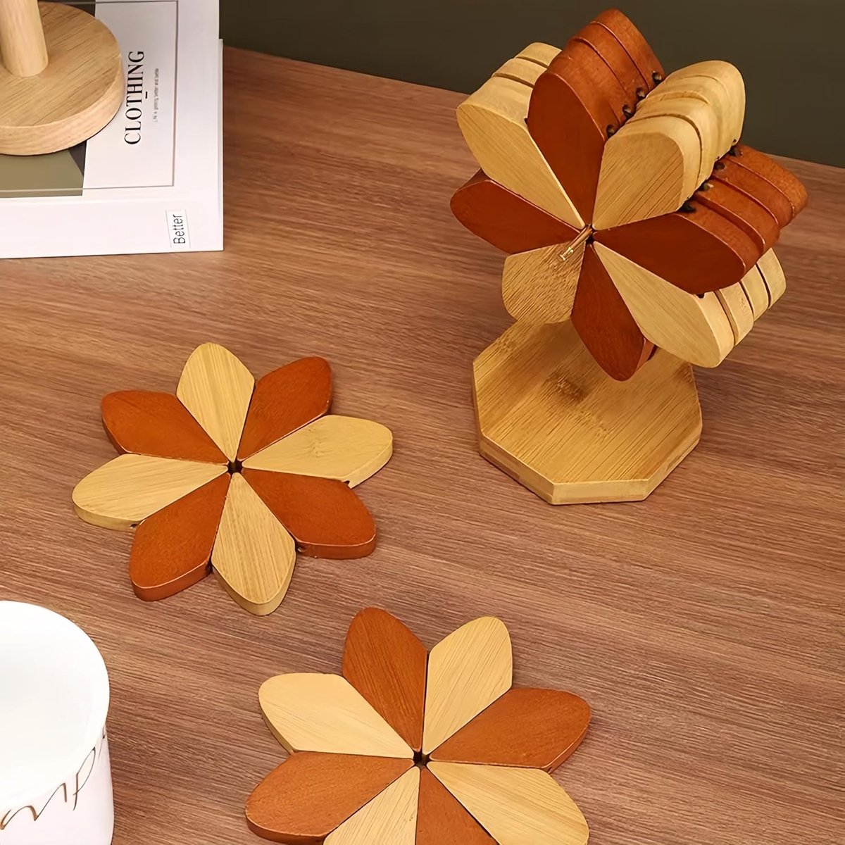 Coasters | Set of 5 Flower Wooden Coasters with Stand | Brown and Natural Bamboo