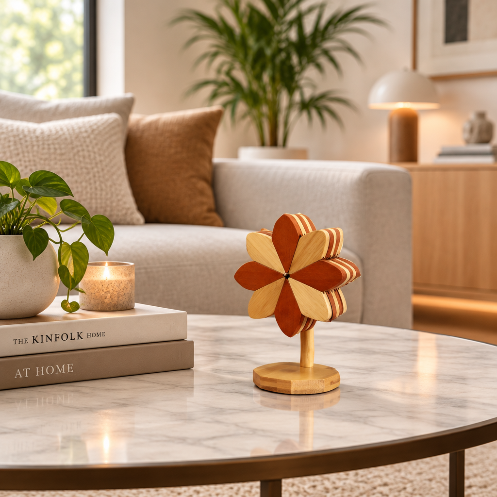 Coasters | Set of 5 Flower Wooden Coasters with Stand | Brown and Natural Bamboo