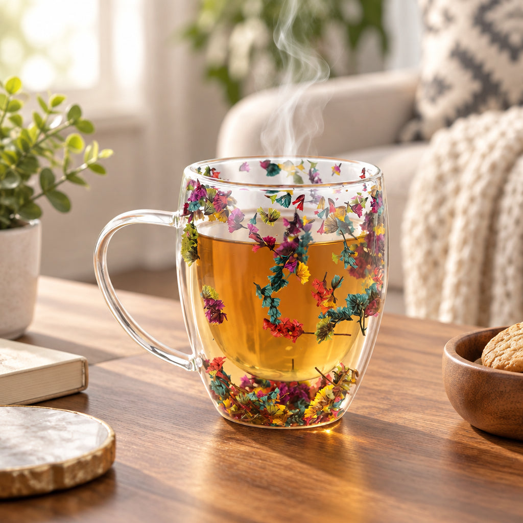 Glass mug with floral design being filled with liquid on a textured surface.