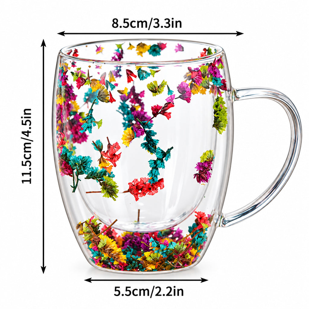 Glass mug with floral design and measurements on a white background
