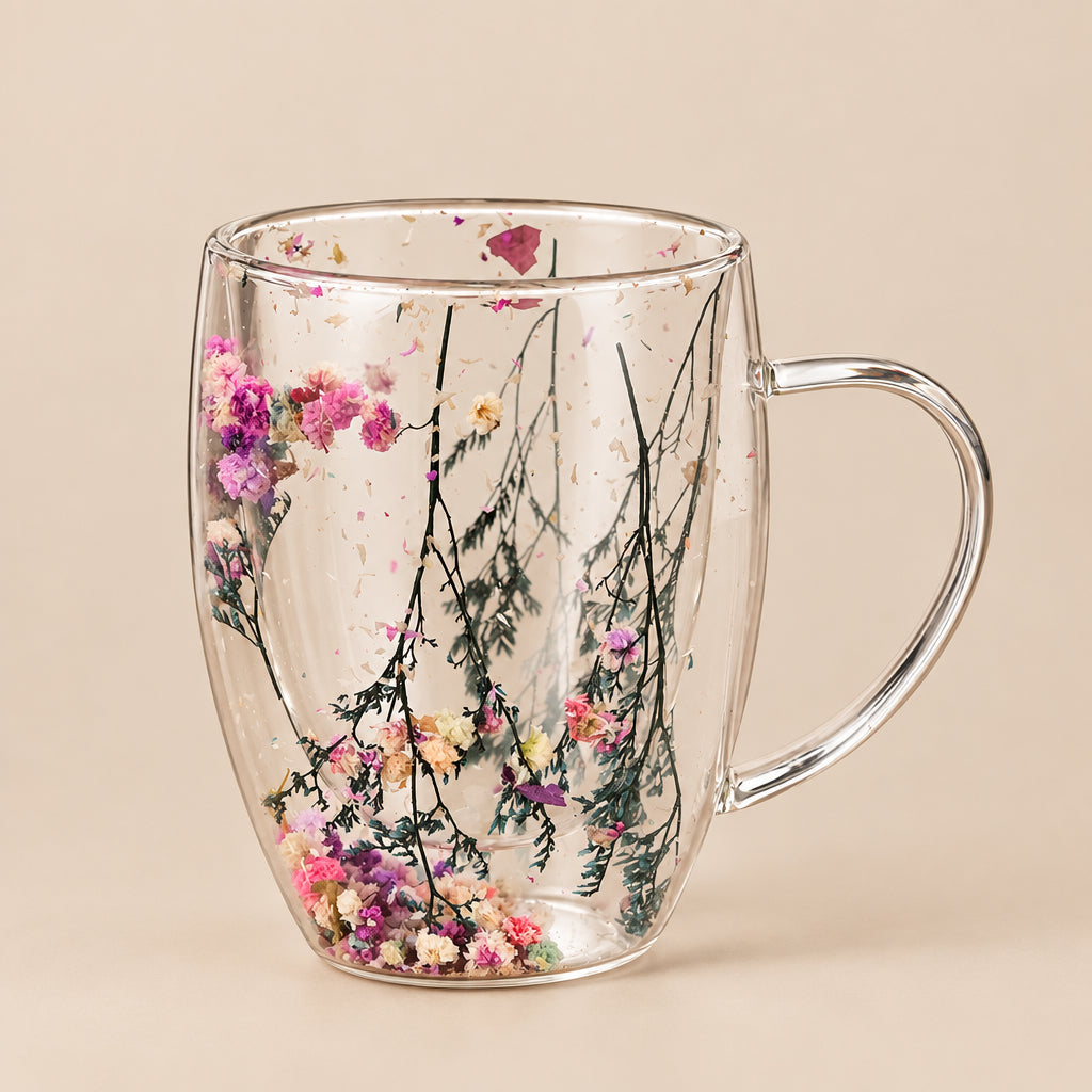 Mug | Double-Wall Insulated Glass Mug with Handle | Floral