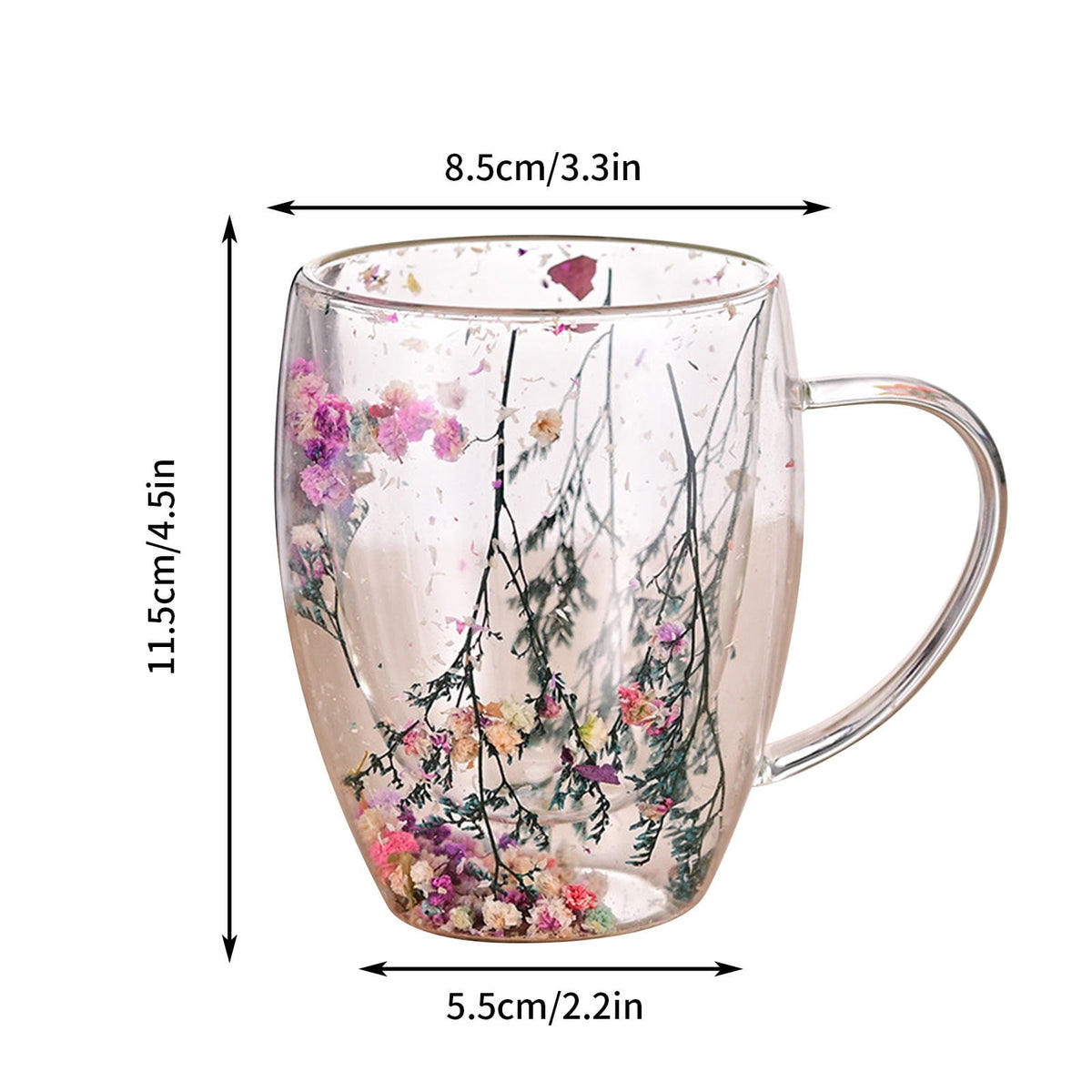 Mug | Double-Wall Insulated Glass Mug with Handle | Floral