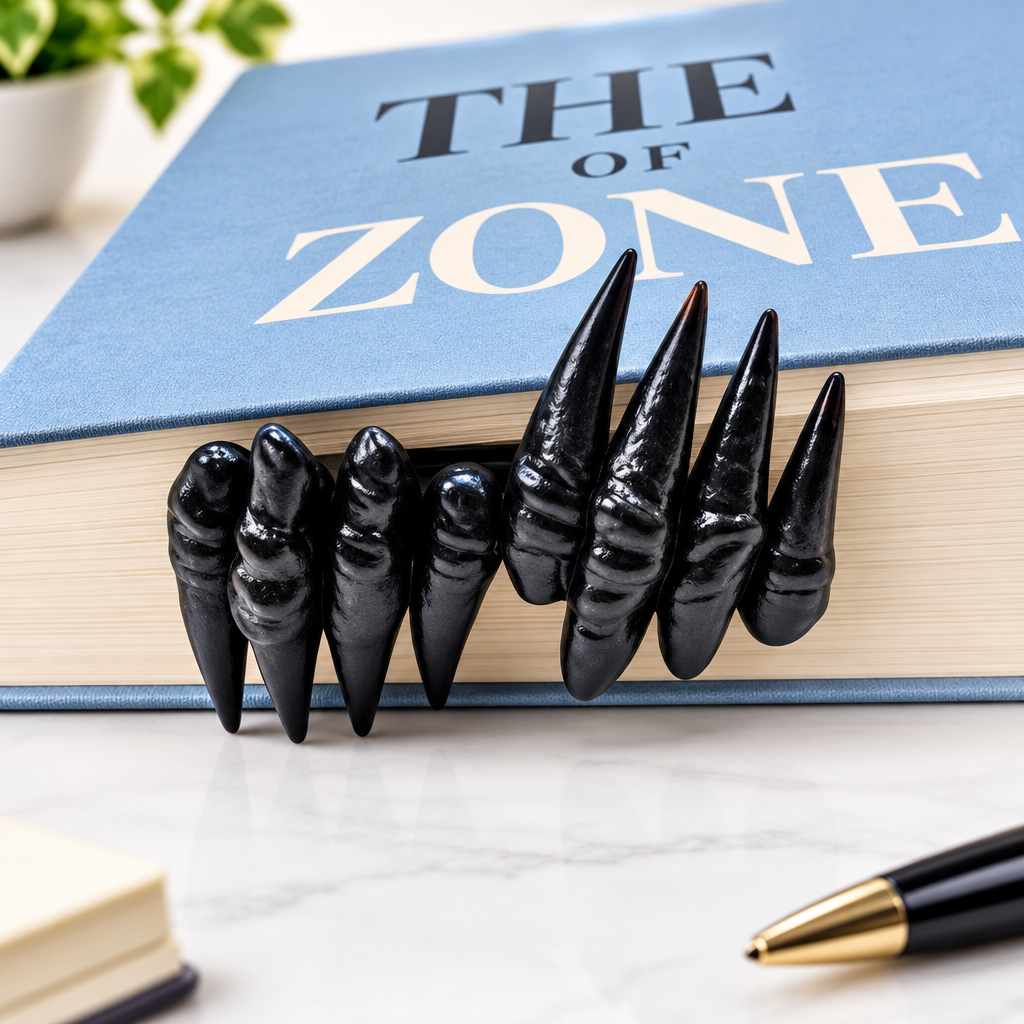 A set of glossy black, pointed bookends shaped like teeth, shown holding down a book on a light gray surface.