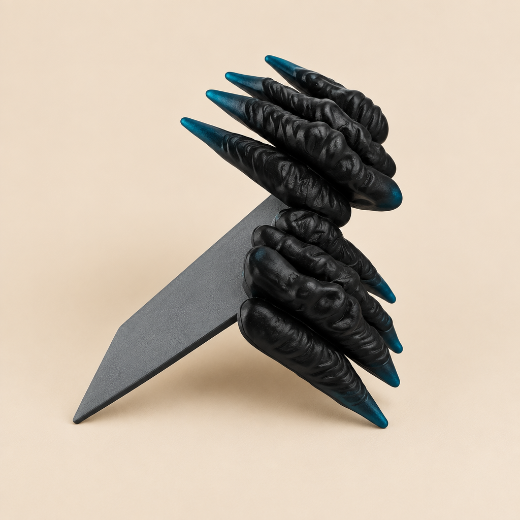 A sculptural black claw-like object with elongated textured fingers and a dark gray triangular base, photographed on a plain warm beige studio background.