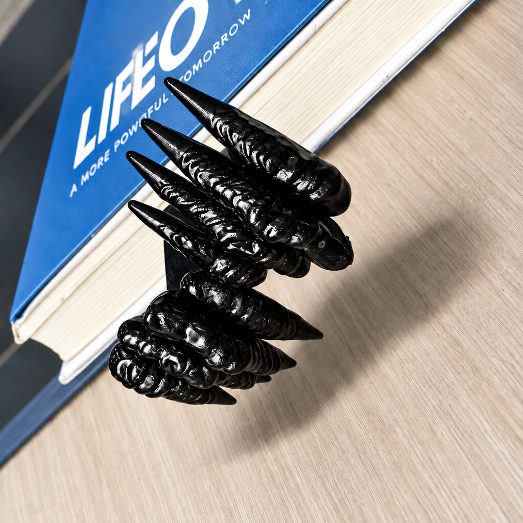 A close-up of a dark blue, claw-shaped bookend holding down an open book on a table. The bookend has three long, sharp, textured claws resembling a monster or claw motif, finished in a glossy dark blue color.