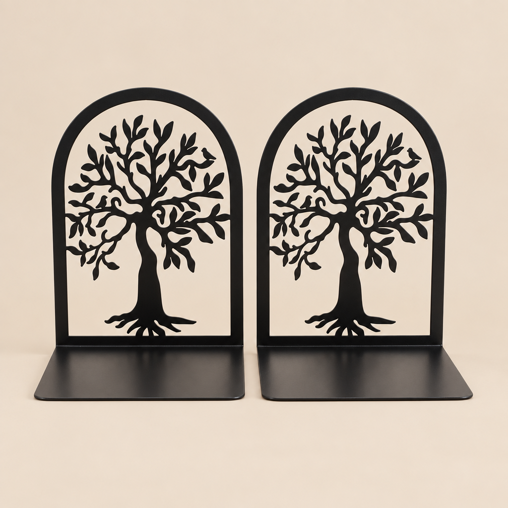 Bookend | 2 Pcs Tree Pattern Metal Bookends | Black