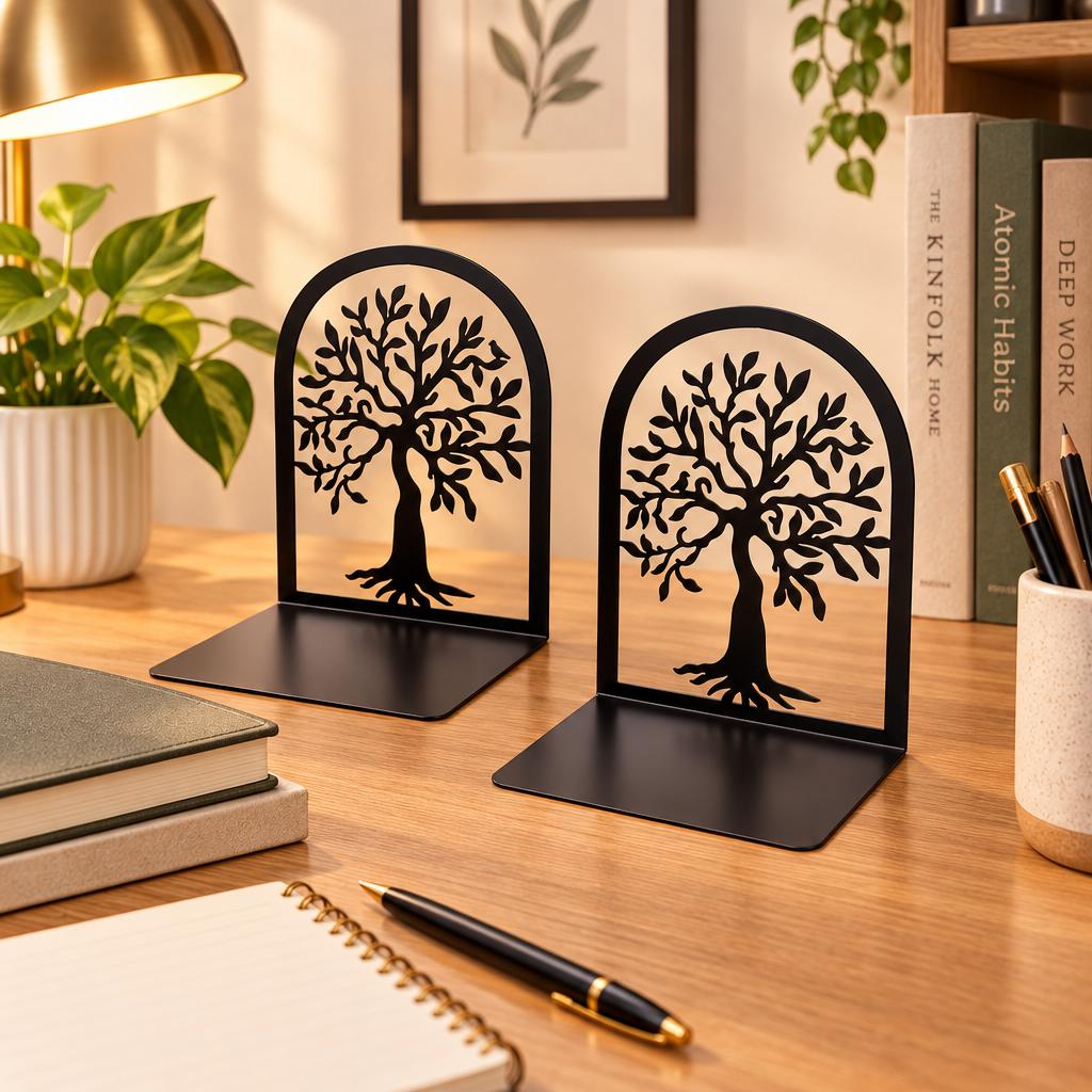 Two black metal bookends with arched tree-of-life cutout designs, shown on a white background with a brown notebook and black pen as styling props.