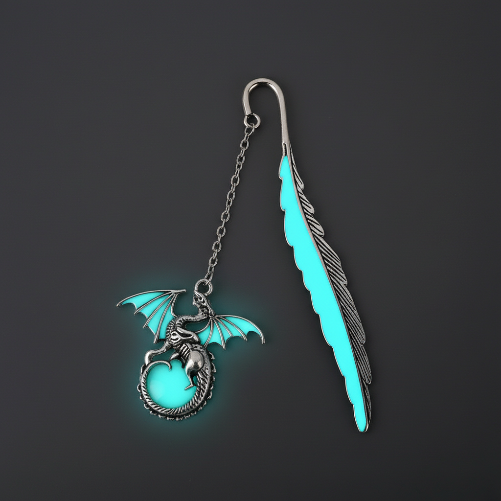 Bookmark | Dragon Bookmark | Glow in the Dark | Feather Bookmark | Metal Silver